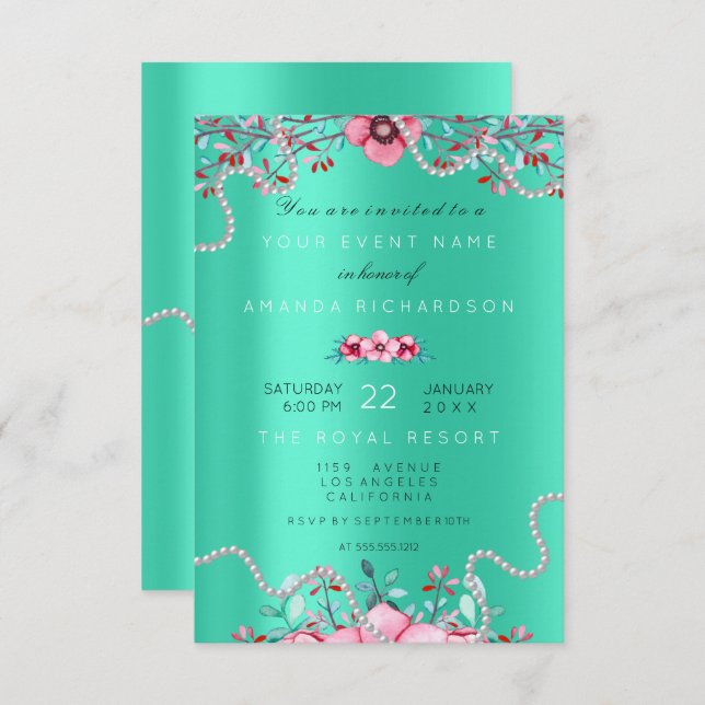 Birthay 16th Bridal Floral Formal Pearls Mint Pink Invitation (Front/Back)