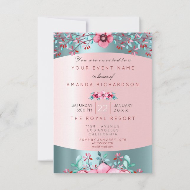 Birthay 16th Bridal Floral Pink Blue Water Aqua Invitation (Front)