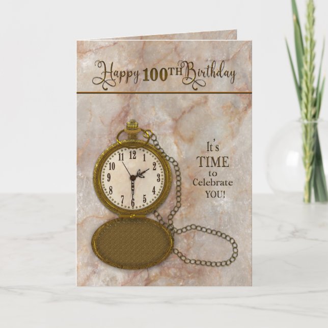 Birthday 100th Pocket Watch and Chain  Card (Front)