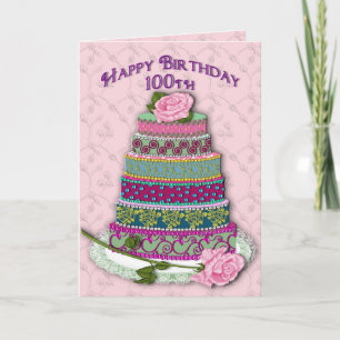 BIRTHDAY - 100th - ROSES ON DECORATED CAKE Card