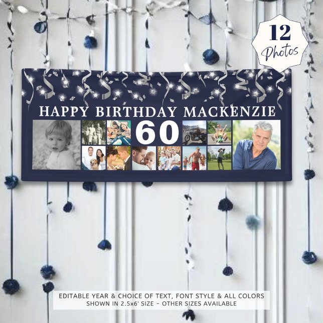 Birthday 12 Photo Collage Blue Silver Confetti Banner (Creator Uploaded)