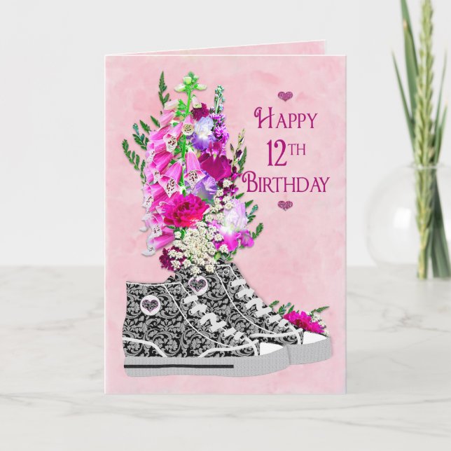 Birthday 12th, Girls, Fancy Sneakers black/White Card (Front)