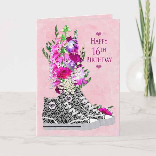 Birthday 16th, Girls, Fancy Sneakers black/White Card (Front)