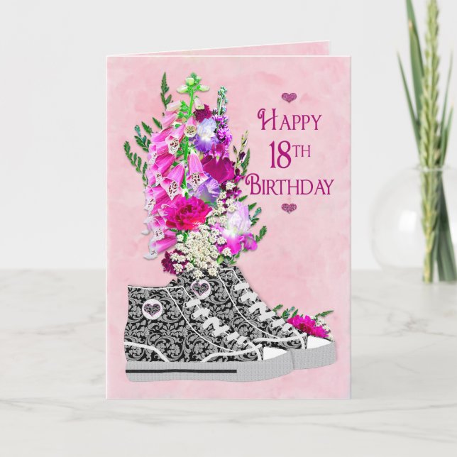 Birthday 18th, Girls, Fancy Sneakers black/White Card (Front)