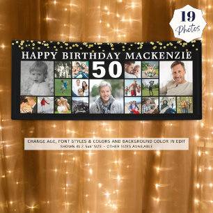 Birthday 19 Photo Collage Black Gold Confetti Banner