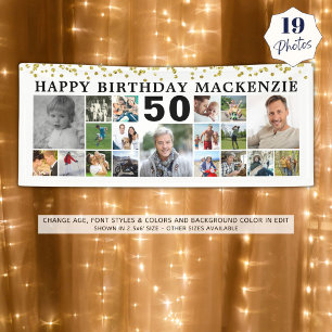 Birthday 19 Photo Collage Gold Confetti Custom Banner