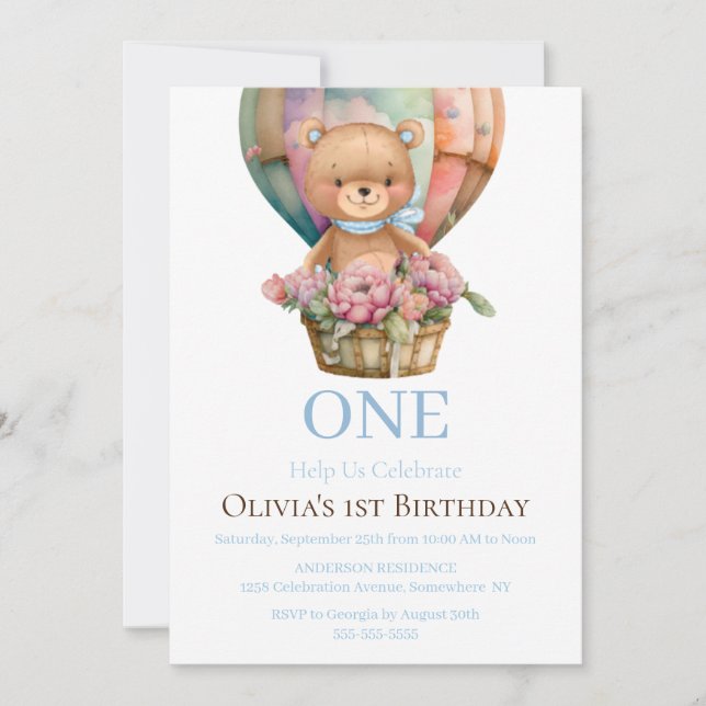 Birthday 1st Teddy Bear Balloon Invitation  (Front)
