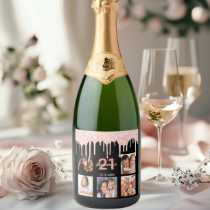 Birthday 21 photo black rose gold name sparkling wine label