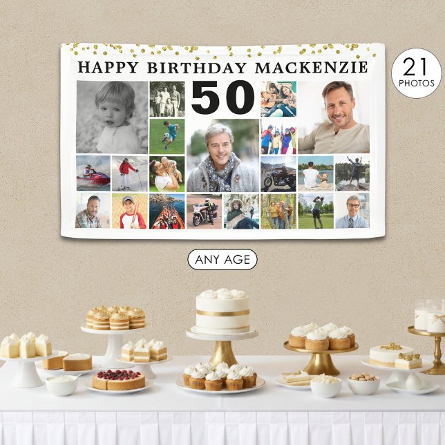 Birthday 21 Photo Collage Gold Confetti Custom Banner (Creator Uploaded)