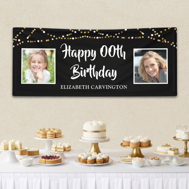 Birthday 2 Photos Black Gold Lights Personalised Banner (Creator Uploaded)