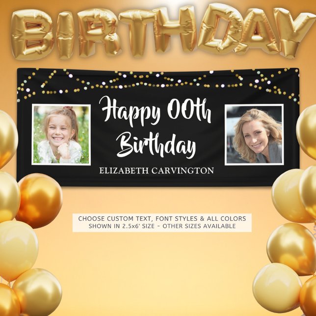 Birthday 2 Photos Black Gold Lights Personalised Banner (Creator Uploaded)