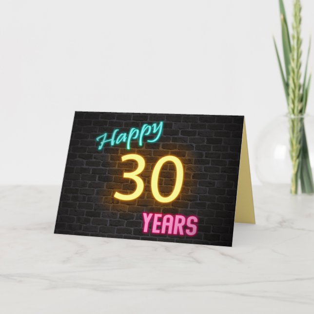 Birthday 30 neon sign on brick card (Front)