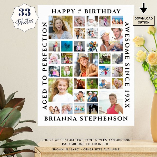 Birthday 33 Photo Collage Custom Personalised Poster (Creator Uploaded)