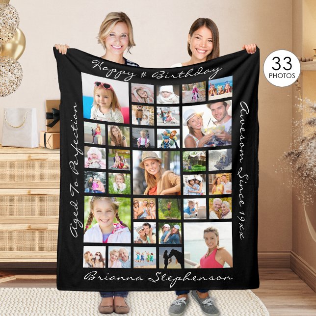 Birthday 33 Photo Collage Personalised Custom Fleece Blanket (Creator Uploaded)
