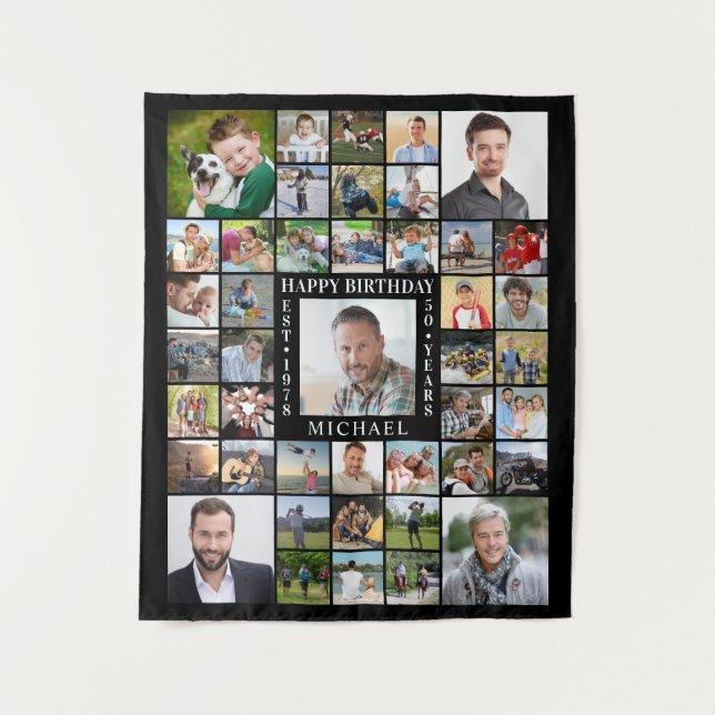 Birthday 43 Photo Collage Name Age Black White Tapestry (Front)