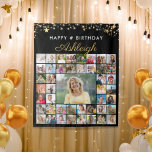 Birthday 45 Photo Collage Black Gold Stars Script Tapestry<br><div class="desc">Create a birthday photo memory display banner sign or party backdrop utilising this easy-to-upload photo collage template with 45 pictures of him or her through the years for a fun birthday party decoration and commemorative keepsake. The design features your custom text (the sample suggests HAPPY # BIRTHDAY NAME) in suggested...</div>