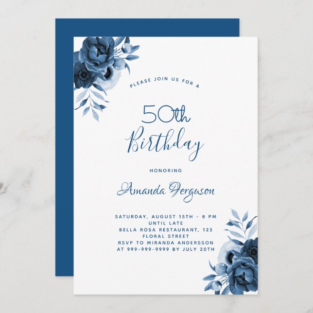 Birthday 50 blue florals white script invitation (Front/Back)