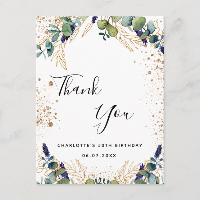 Birthday 50 eucalyptus greenery thank you postcard (Front)