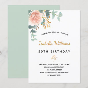 Birthday 50 floral eucalyptus rose gold elegant invitation