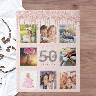 Birthday 50 glitter drips photo rose gold pink jigsaw puzzle