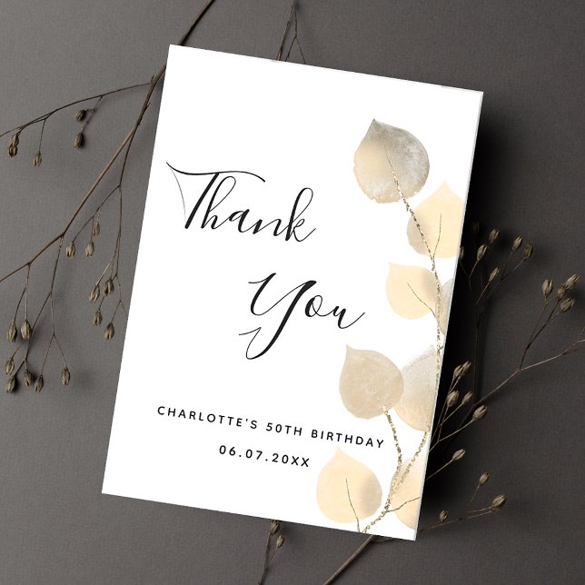 Birthday 50 golden eucalyptus modern minimalist thank you card (Creator Uploaded)