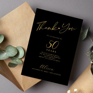 Birthday 50 milestone age gold black elegant thank you card