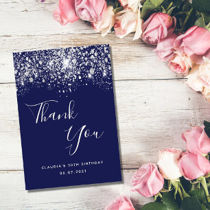 Birthday 50 navy blue silver glitter dust thank thank you card