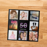 Birthday 50 photo collage black woman<br><div class="desc">A gift for a woman's 50th (or any age) birthday,  celebrating her life with a collage of 8 of your photos.  Templates for a name,  age 50 and a date.  Date of birth or the date of the anniversary.  Purple and white colored letters. Chic black background color.</div>
