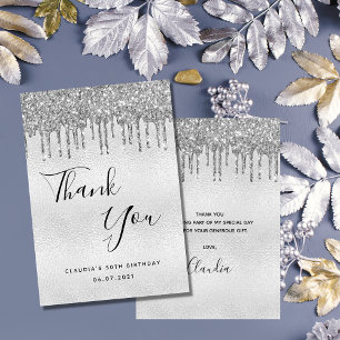 Birthday 50 silver glitter drips glamourous thank you card
