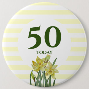Birthday 50 Today Watercolor Daffodils Stripes 6 Cm Round Badge