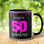 Birthday 50th fabulous hot pink foil dots black mug<br><div class="desc">“50 and fabulous.” Own it and usher in 50 with style! Send out this stunning, modern, graphic glam, hot pink faux foil “50” and dots on a black background, 50th birthday personalised coffee mug will help make her birthday special. Matching and coordinating invitations, envelopes, labels, paper plates, napkins, and other...</div>