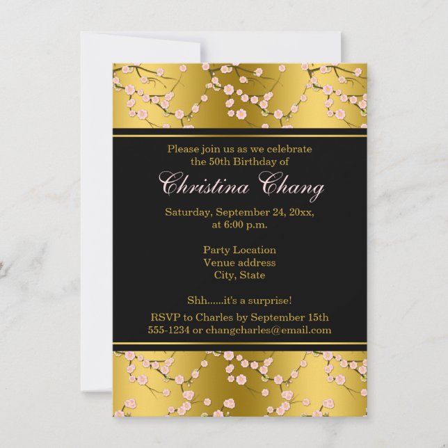 Birthday | 50th | Gold, Black | Cherry Blossoms Invitation (Front)