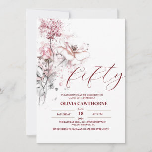 Birthday 50TH Watercolor Pink Rose Lilac Invitation