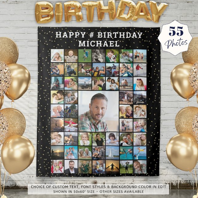 Birthday 55 Photo Collage Confetti Custom Colour Tapestry (Creator Uploaded)