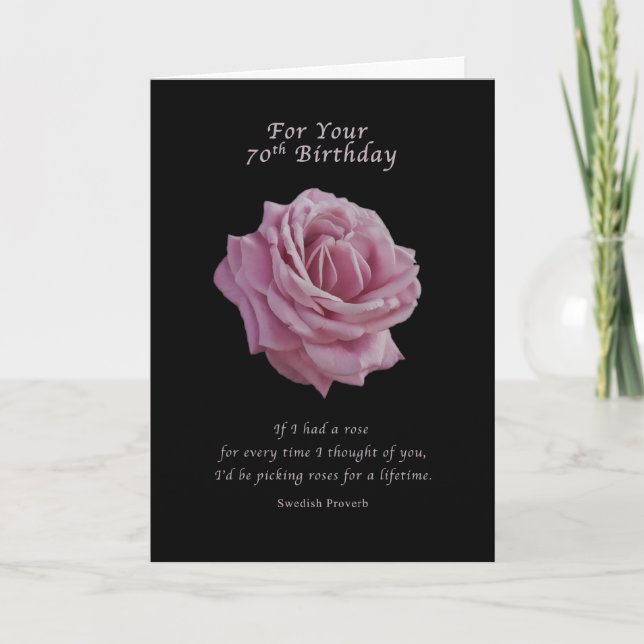 Birthday, 70th, Pink Rose on Black Card (Front)