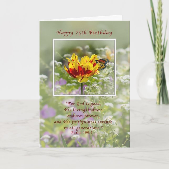 Birthday, 75th, Tulip and Butterfly, Religious Card (Front)