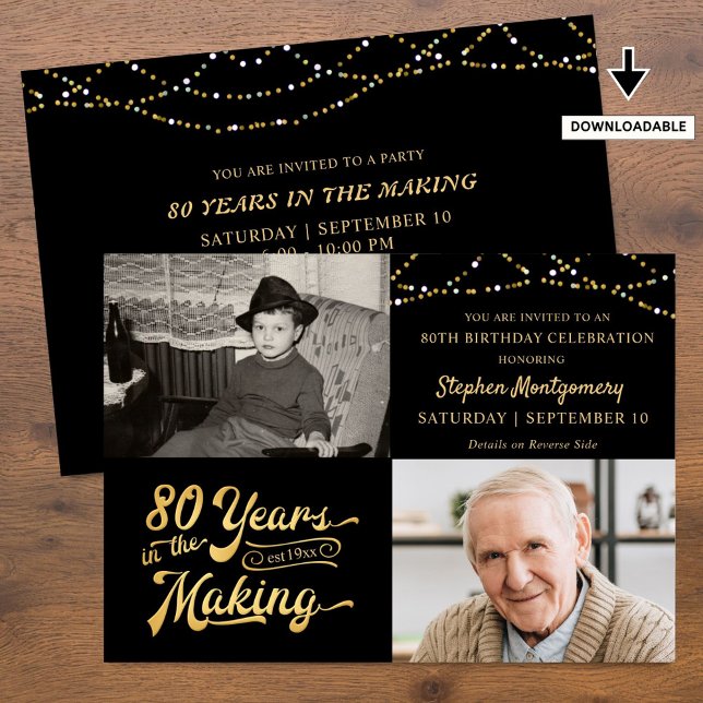 Birthday 80 Years in the Making Black Gold 2 Photo Invitation (Creator Uploaded)