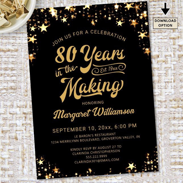 Birthday 80 Years in the Making Black Gold Stars Invitation (Creator Uploaded)