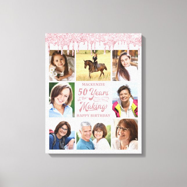 Birthday 8 Photos Rose Gold Pink Glitter Drip Canvas Print (Front)