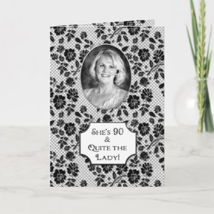 Birthday - 90 - Photo Insert - Black/White Floral Card