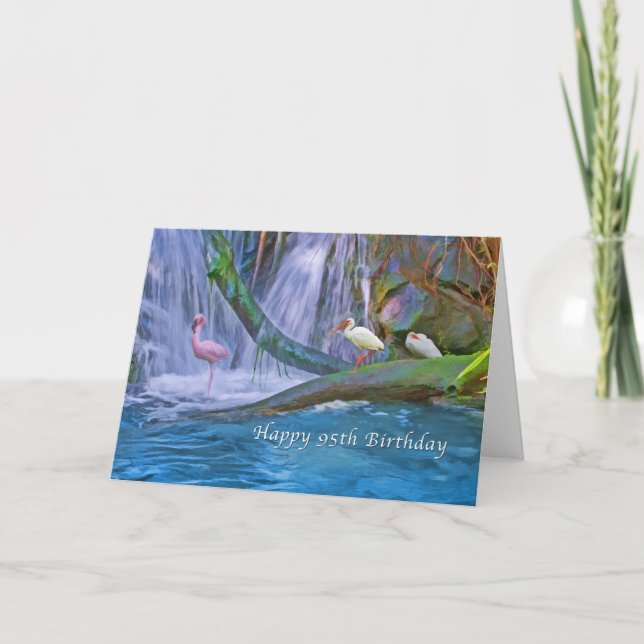 Birthday, 95th, Tropical Waterfall, Birds Card (Front)