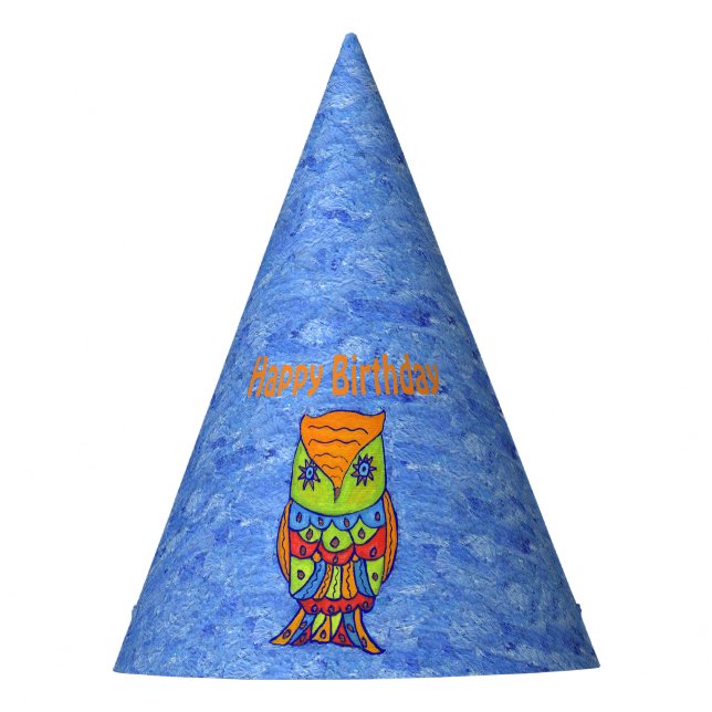 Birthday Abstract Neon Colored Owl on Blue Party Hat (Front)