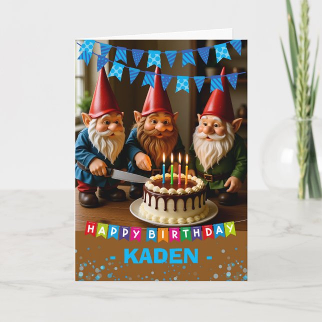 Birthday Add a Name Gnomes Cutting Cake Card (Front)