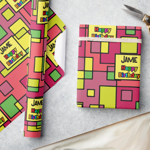 Birthday Add Name Retro Colour Pop Custom Wrapping Paper