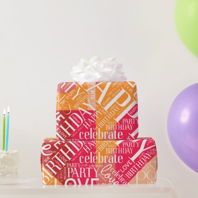 Birthday Add Short Name Colour Block Orange ID274 Wrapping Paper (Party Gifts)
