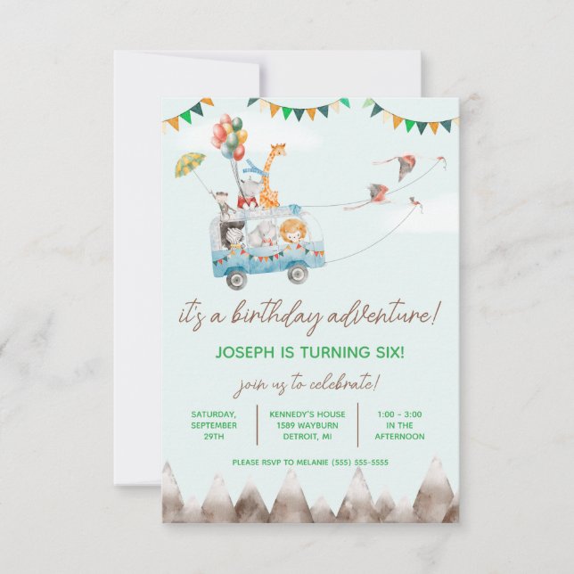 Birthday Adventure, Flying Animals,  Birthday Invitation (Front)