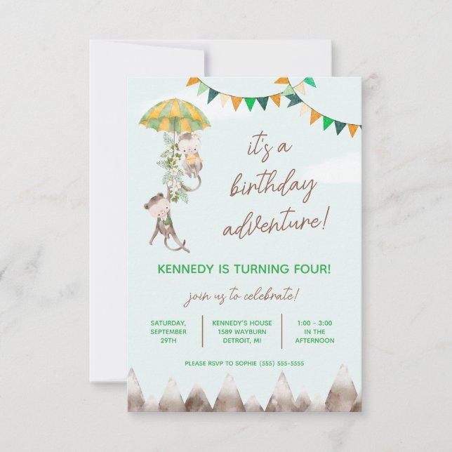 Birthday Adventure, Monkeys, Mountains Birthday  Invitation (Front)