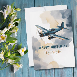 Birthday Aeroplane Blue and Gold Watercolor Elegan Invitation
