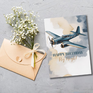 Birthday Aeroplane Blue and Gold Watercolor Elegan Invitation