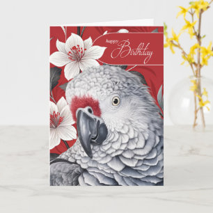Birthday African Grey Parrot Red and White Lilies Card